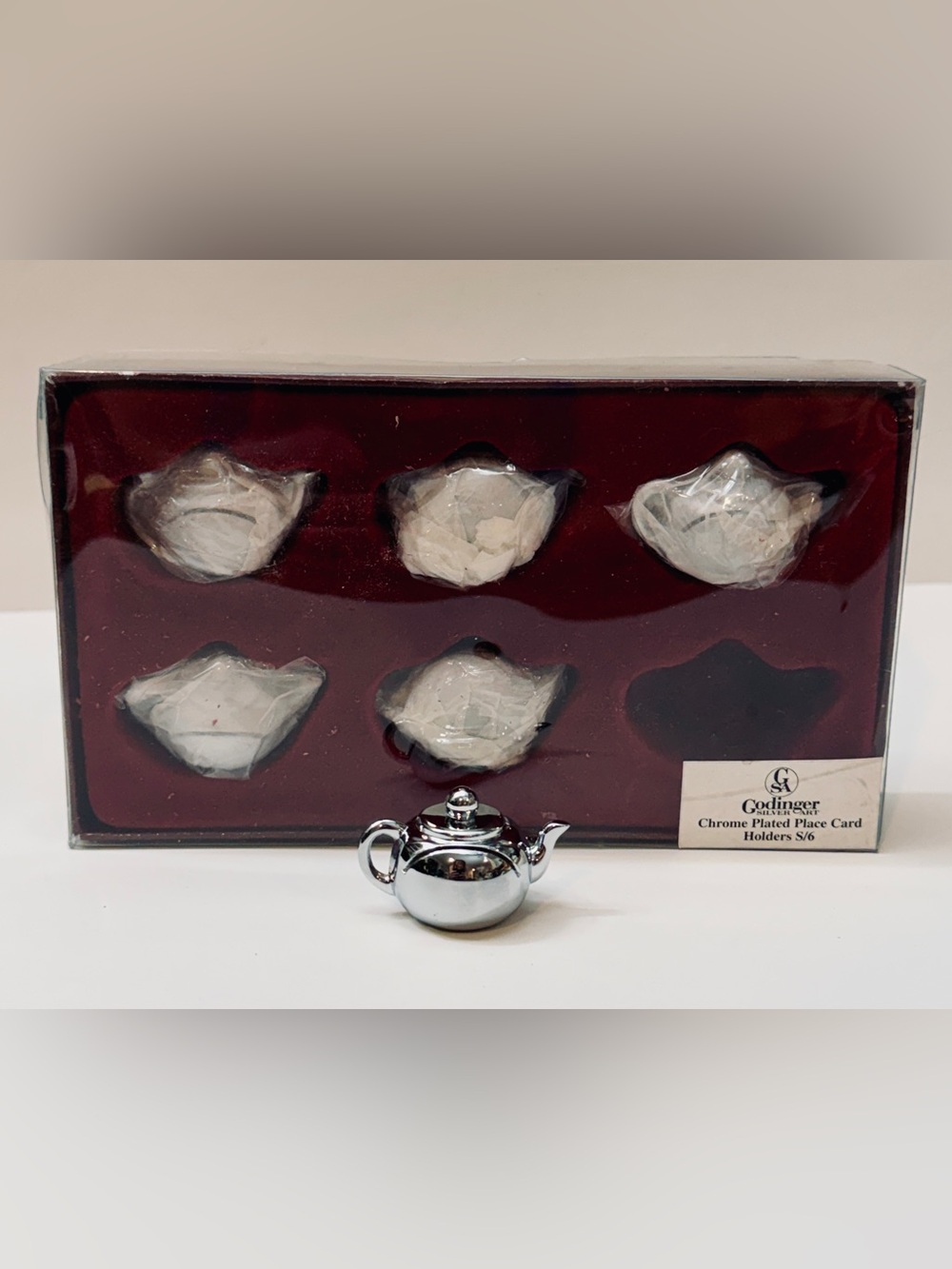 Godinger Chrome Plated Teapot Place Card Holders Set of 6 NIB